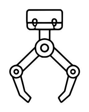 Industrial robotic gripper claw vector icon illustration, hand-traced black line mechanical claw with articulated joint segments, manufacturing automation equipment outline graphic