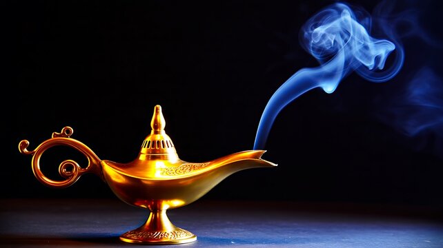 Golden magic lamp with glowing blue smoke on dark background