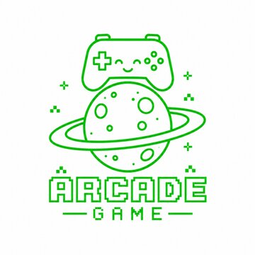 A clean and playful gaming logo featuring a cute line-art game controller floating above a stylized ringed planet.