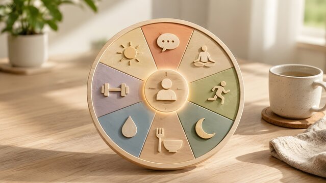 3D wooden wellness wheel chart on a sunny table displaying holistic daily habits for health, fitness, and mindfulness.