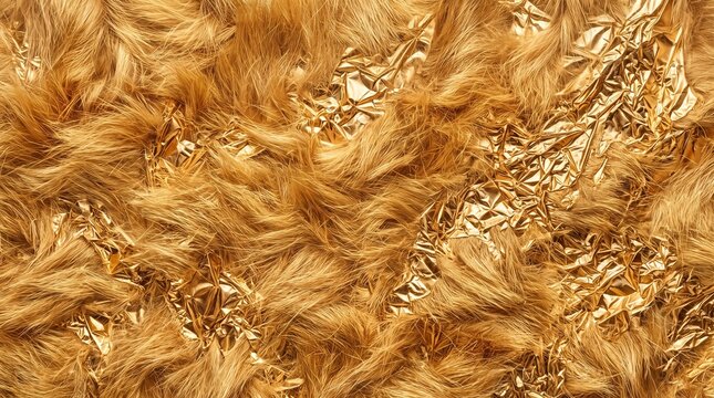 fluffy fur and crumpled foil texture in metallic gold