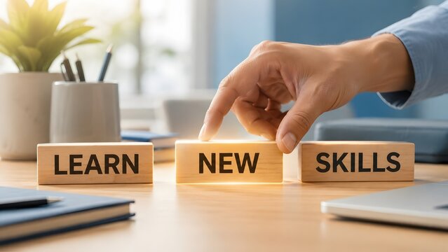 Hand arranging wooden blocks to form the phrase learn new skills on a sunny office desk to represent personal growth.