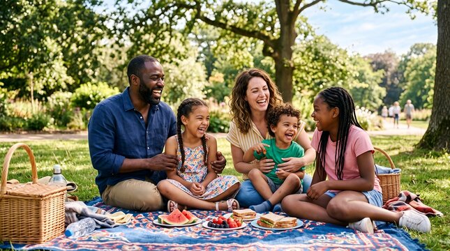 Happy multi-ethnic family enjoying a summer picnic in the park