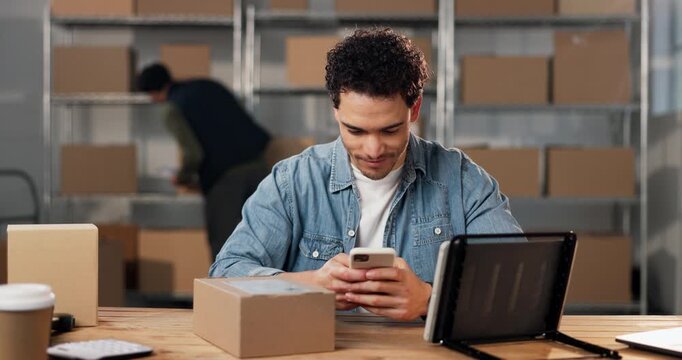 Distribution, code and man with phone for typing with invoice, ecommerce or small business. Parcel, entrepreneur and person with tech for logistics, inventory and shipping or scanner app for courier