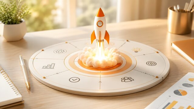 Cute 3D orange rocket launching from a desk board with business icons, representing creative startup ideas and project initiation in a sunny office.