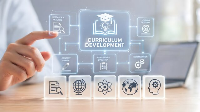 Futuristic digital interface showing curriculum development process with glowing educational icons and flowchart on a modern desk