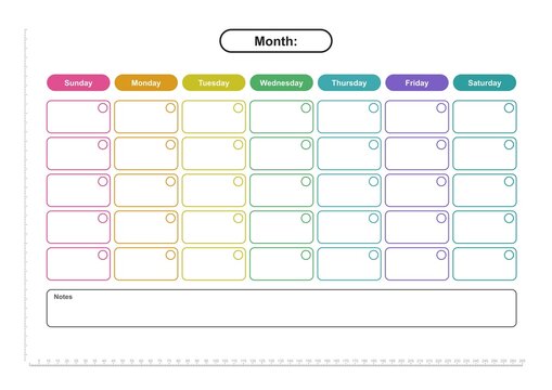 Colorful undated monthly planner template page with daily grid and notes section (A4 format) - design for printable planners, office stationery, and digital journal pages. JPEG version.
