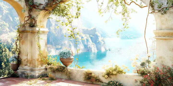 Sunlit Mediterranean Terrace Overlooking Turquoise Coastal Cliffs and Sea