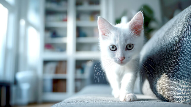 White Kitten Sitting on Sofa in Bright Modern Home Interior