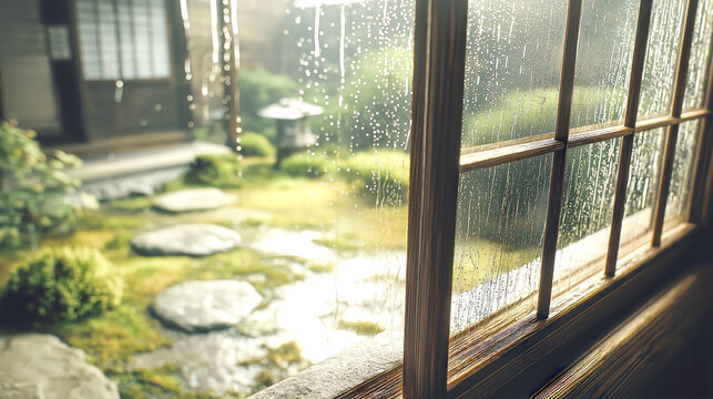 Rainy Window Overlooking Serene Sunlit Garden