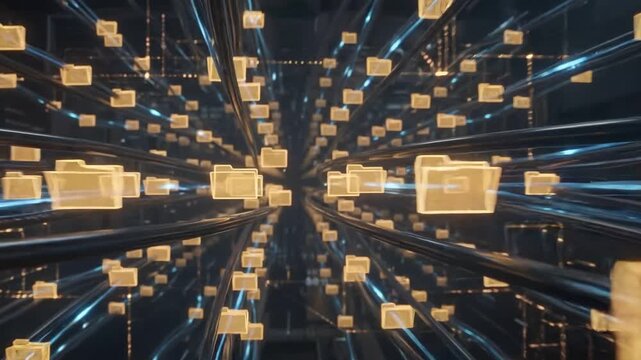 Digital Data Storage Network: A vast network of digital folders symbolizing data storage and management, creating a futuristic and abstract representation of information flow and connectivity.