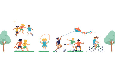 Fototapeta premium A lively collection of children engaging in various outdoor recreational activities, depicting a scene of pure childhood joy and activity.