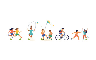 Fototapeta premium A group of diverse children engaged in various outdoor recreational activities.