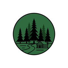 Fototapeta premium Minimalist green forest and cabin silhouette logo