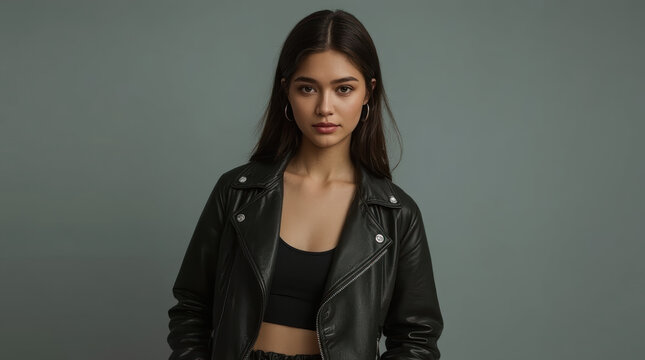 Asian woman wearing black leather jacket and crop top with neutral expression
