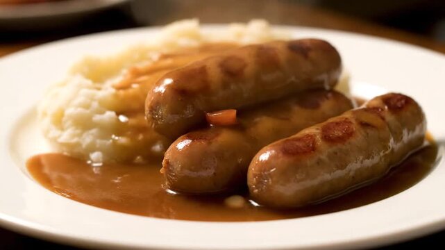 Plate of traditional bangers and mash with rich gravy