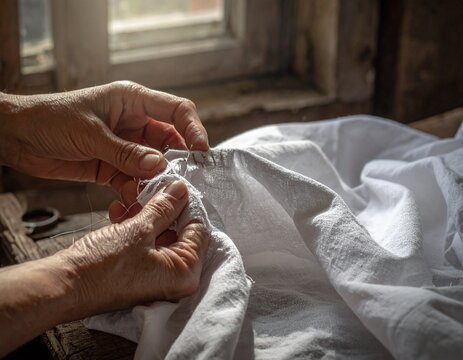Close up of hands mending a tear in white linen cloth with needle and thread for reconciliation and peace concepts