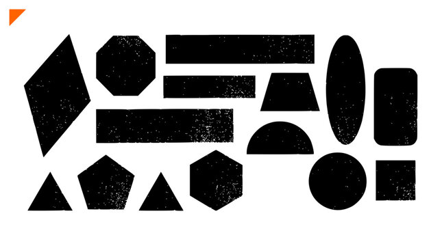 Distressed black geometric shapes, 15 textured vector elements. Grungy ink stamp silhouettes for graphic design and branding projects.