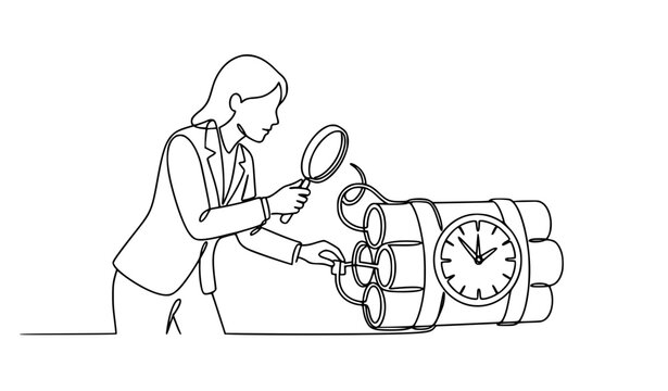 Continuous one line businesswoman examining timed dynamite obstacle with magnifying glass vector icon