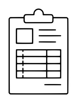 Hand-traced black vector illustration of a clipboard order form featuring a clamp top, blank square stamp, horizontal text lines, structured data table grid, and signature line below