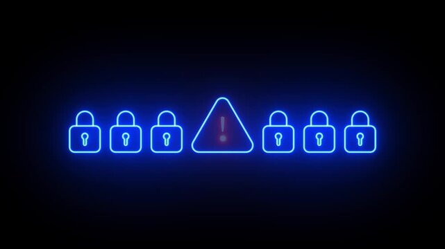 Neon glowing Cyber Attack warning video animation. Neon lighting warning alert and cyber lock symbol. Security breach, data hacking threat. Neon glowing Cybersecurity breach warning animation.