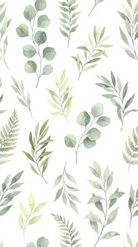 Seamless watercolor green leaves and botanical branches pattern on white background