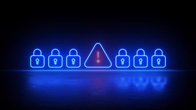Neon glowing Cyber Attack warning video animation. Neon lighting warning alert and cyber lock symbol. Security breach, data hacking threat. Neon glowing Cybersecurity breach warning animation.