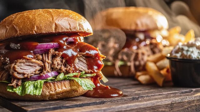 Pulled pork sandwiches with barbecue sauce on wooden board