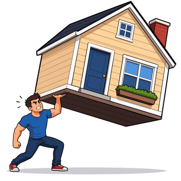 Strong Man Lifting House Corner Cartoon Vector Illustration on Transparent Background 