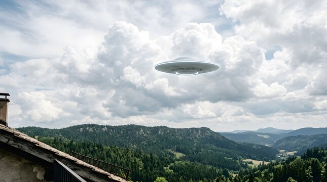 UFO Hovering Among Clouds Above Forested Mountain Ridge