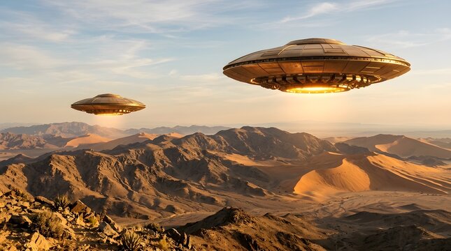 Two Golden UFOs Hovering Over Desert Mountains at Sunset