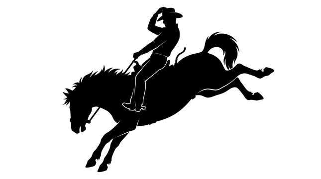 Cowboy riding bucking bronco horse silhouette.
