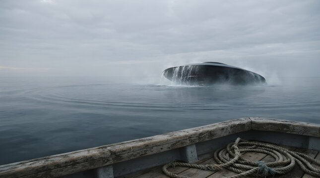 Metallic UFO Emerging From Calm Ocean Water Surface
