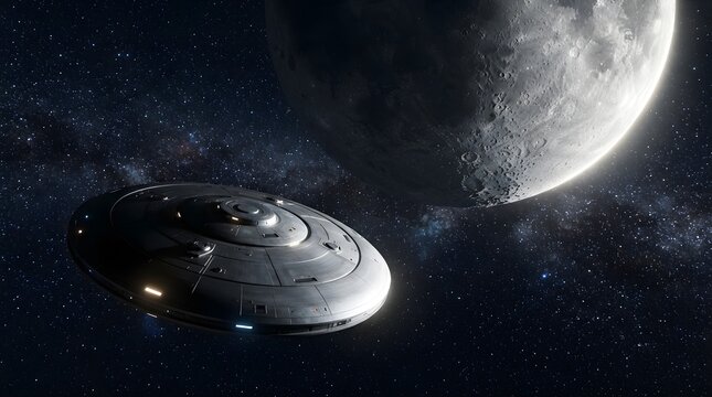 Alien Spacecraft Gliding Past the Moon in Deep Space