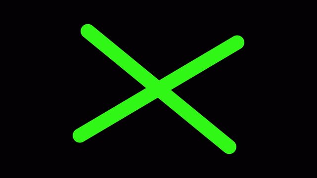 incorrect wrong answer no entry cross with diagonal strokes and rounded corners animating on and off the screen with plain black background that can be made invisible using screen blend mode 4K