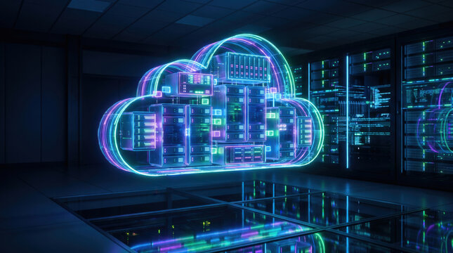 Futuristic cloud computing hologram inside modern server room. Advanced digital infrastructure visualizes secure cloud technology network. Cloud computing concept.