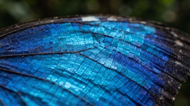 Extreme macro photography of a blue morpho butterfly wing showing detailed iridescent scale structures