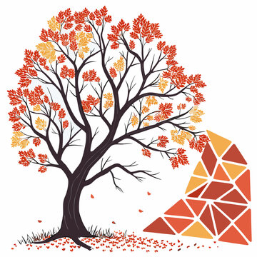 Autumn tree vector graphic with falling leaves and geometric triangular shapes, stylized autumn