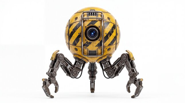 Industrial yellow robotic sphere with mechanical legs and camera eye showing scratched metal textures captured in studio on white background