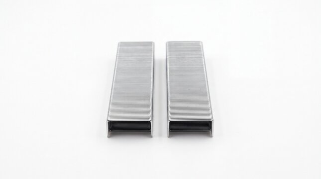 Two parallel rows of shiny silver metal staples for office use displayed cleanly as isolated studio shot on white background