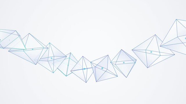 Abstract geometric octahedrons rotating in a fluid wave pattern against white backdrop.