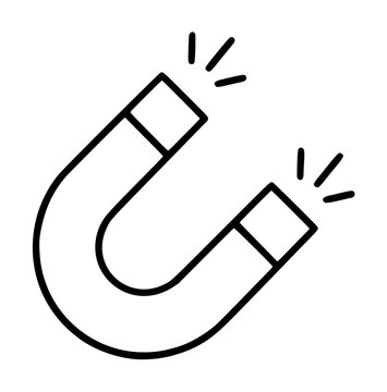 Hand-traced magnet vector icon illustration featuring a classic horseshoe shape with bold black outlines, magnetic attraction lines radiating from both poles, simple minimalist line art on white