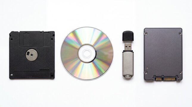 Vintage floppy disk next to compact disc, metallic flash drive, and solid state drive hardware components arranged on white background