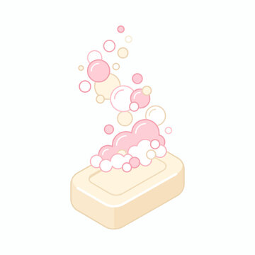 Isometric vector illustration of a bar of soap with pink and yellow bubbles floating isolated