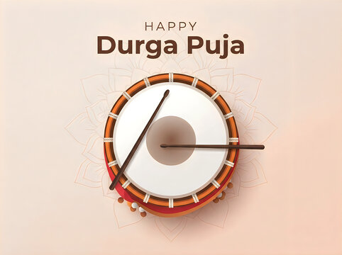 Happy durga puja greeting card with a traditional dhak drum and drumsticks on a soft beige background with mandala pattern