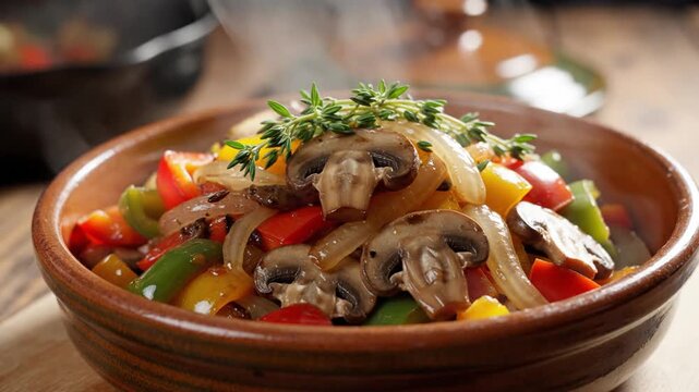 Saut&eacute;ed mushrooms and peppers in ceramic bowl with fresh thyme