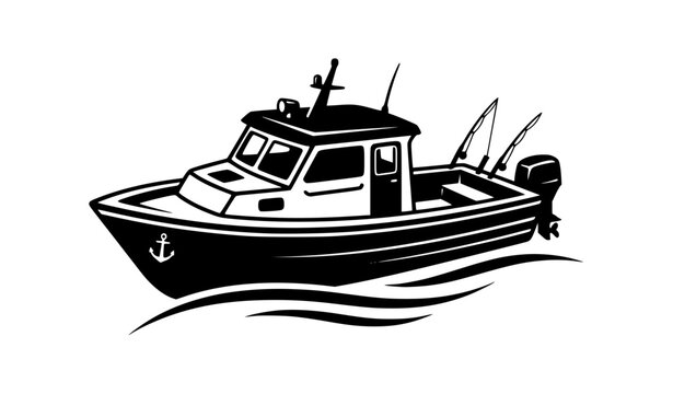 Small fishing cabin boat black and white nautical vector graphic on water