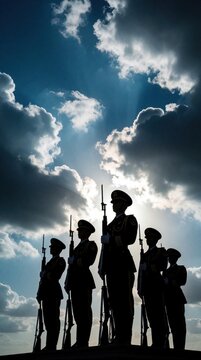 Silhouette of military honor guard standing at attention against dramatic cloudy sky. Soldiers in formal uniform hold rifles during ceremony. Group of infantry men perform guard duty at sunset with