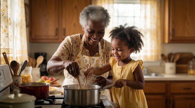Grandmother and granddaughter cook together in a cozy kitchen. Black woman smiles teaching child family recipe. Little girl helps stir pot on stove, bonding over food preparation.