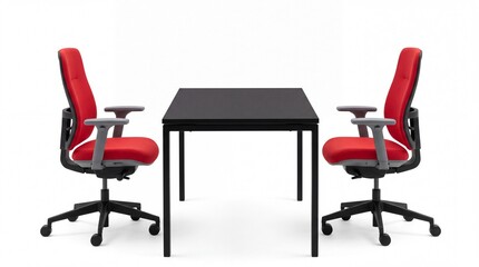 Obraz premium Modern office table with two ergonomic red chairs facing each other in professional meeting room environment captured on white background